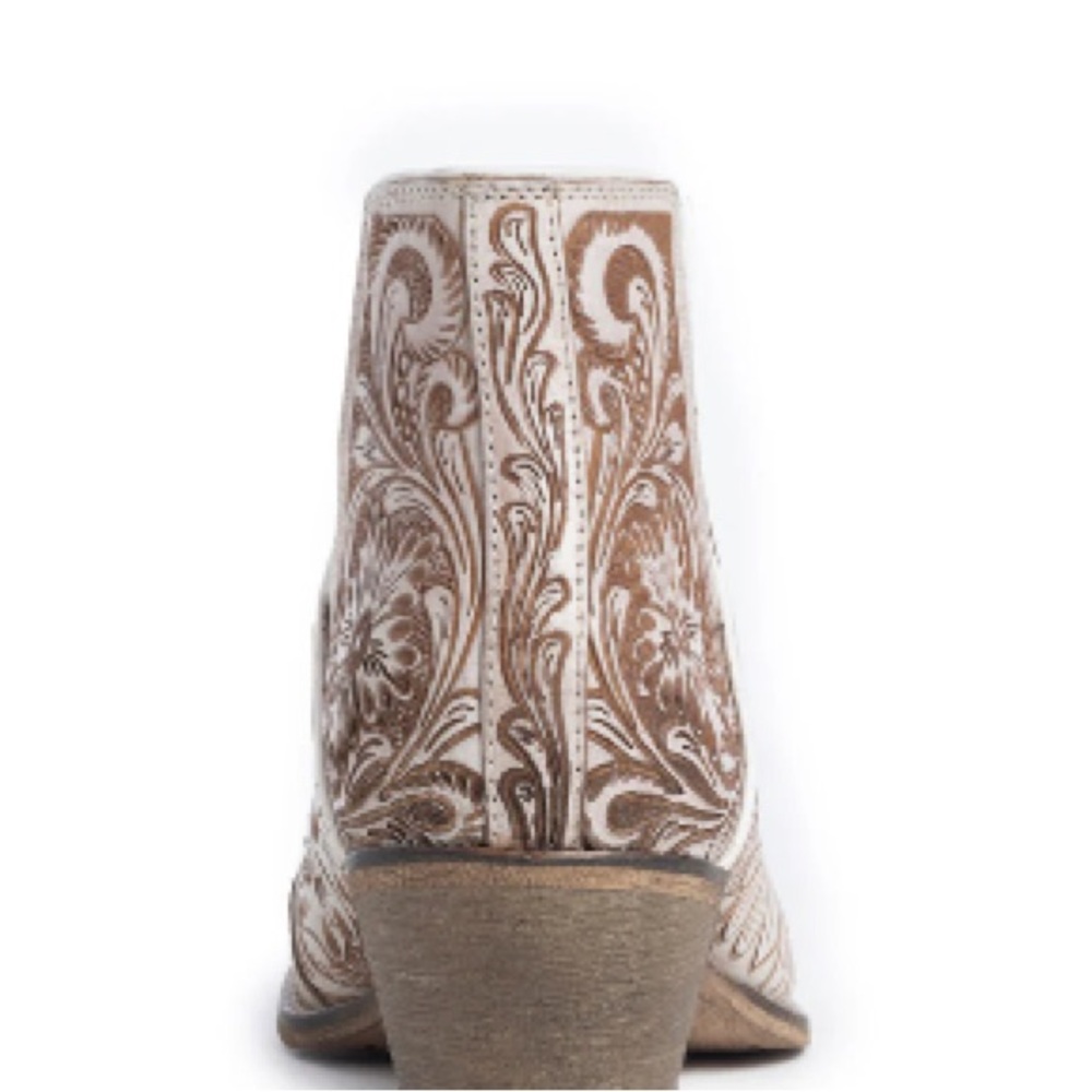 🌸Hand-Tooled Genuine Leather Bootie Boho Western Cowgirl Ankle Boot Cream Fall! - Picture 7 of 12